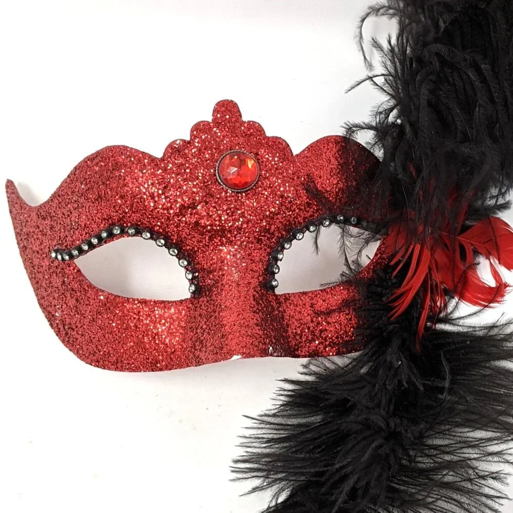 Venezia Italy Venetian Masquerade Mask Red She Devil glitter black feathers - Picture 4 of 7